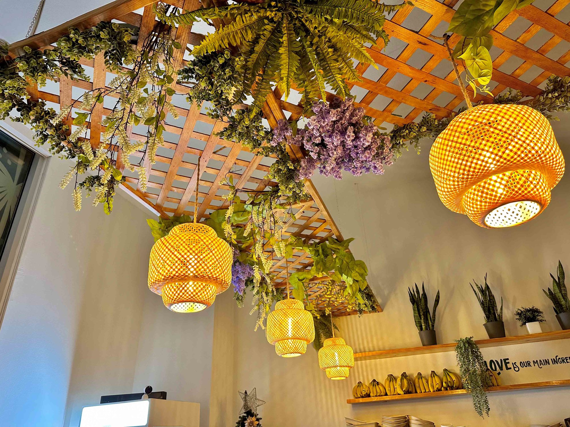 greenery and natural wood lighting